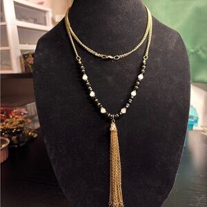 Chic Gold and Black Beaded Necklace with Tassel